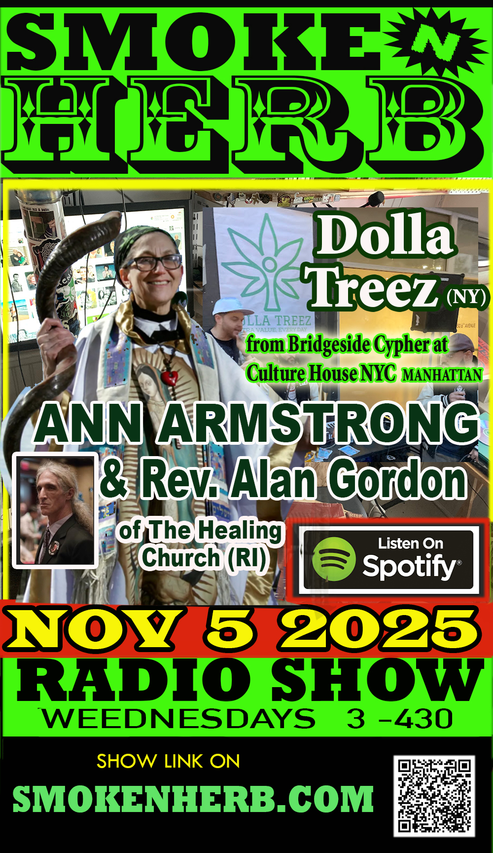 flyer for smoke n herb radio show 11 5 25 featuring dolla treez and ann armstrong